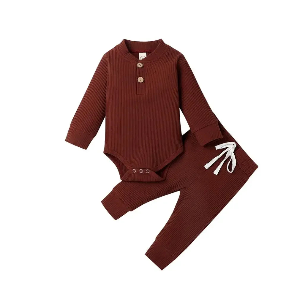 Spring Autumn Newborn Infant 2PCs Clothes Set for Boys & Girls Ribbed/Plaid/Solid Long Sleeve Bodysuit + Elastic Pants