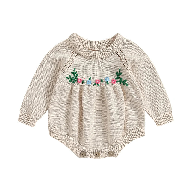 Infant Girls Floral Embroidered Knit Rompers with Long Sleeves and Crew Neckline - Cozy Toddler Jumpsuits for Autumn