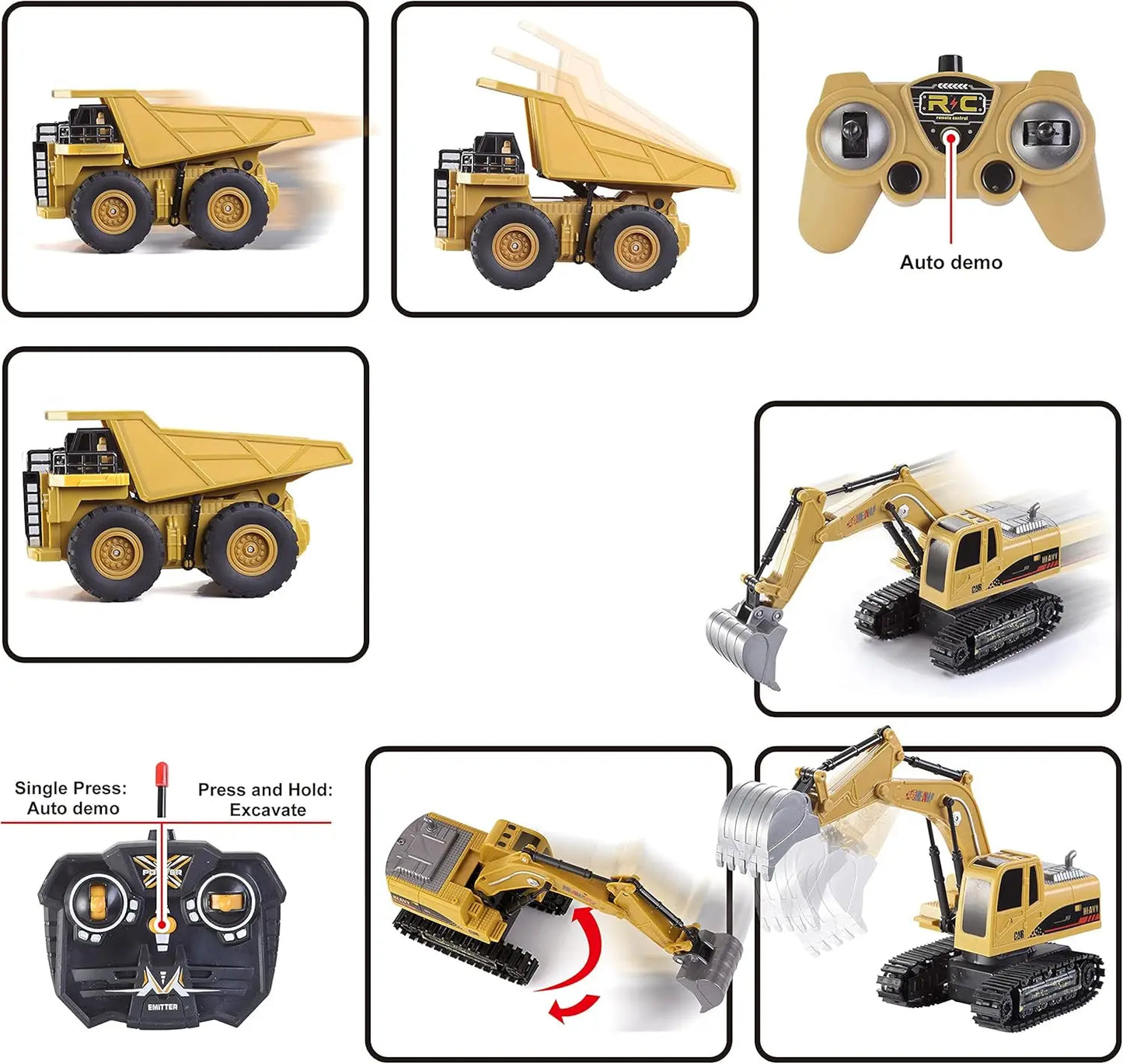JOYFY 2 PCS Remote Control Construction Vehicle Toy Set Friction-Powered RC Excavator & RC Truck for Kid Christmas Birthday Gift