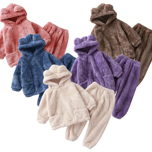 Kids Bear Ears Sleepwear Set Warm Winter Fleece Pajama Homewear Cozy Nightwear Cute Outfit Play Suit For Girls Boys Children