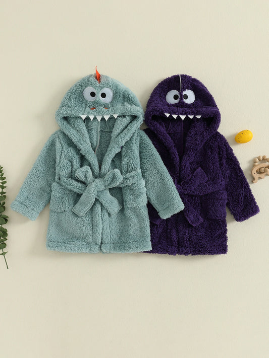 Cute Animal Print Hooded Bathrobe for Infant Toddler Boys Girls Soft Fleece Sleep Robe with Belt and Pockets