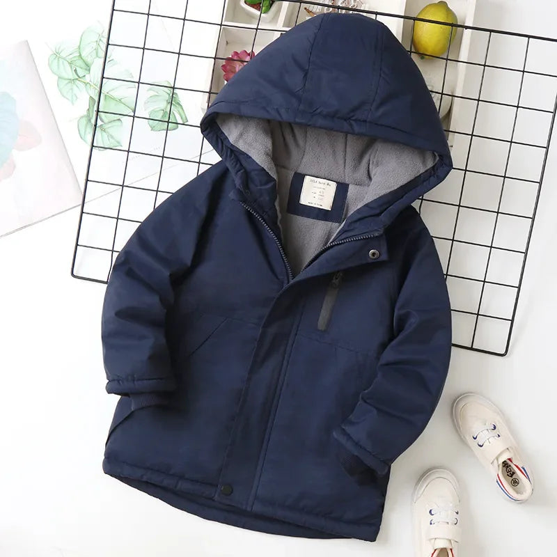 Autumn Winter 4-14 Year Boys Hooded Plus Velvet Thicken Warm Children Parka Teenage Boy Outerwear Jacket