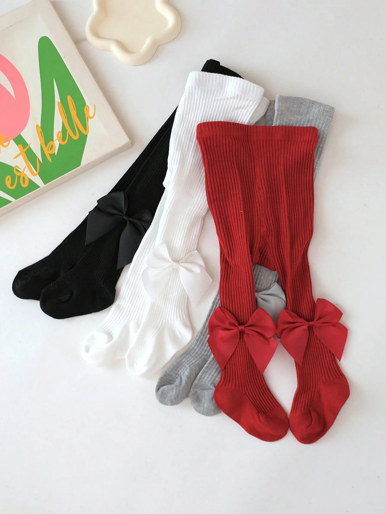 0-16Y Kids Tights with Side Bownots, Children's Cute Striped Knit Leggings Baby Girls Soft Stockings Anty-Slip Pants for Toddlers