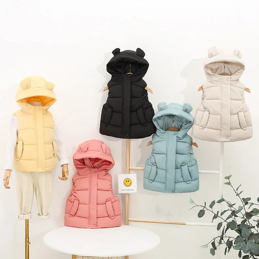 1-7Y Toddler Kids Hooded Waistcoats Solid Children Cotton Padded Warm Vests Baby Boys Girls Sleeveless Jackets Insulated Clothes
