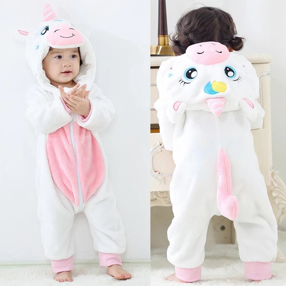 Baby Kigurumis Pajama Toddler Winter Cartoon Jumpsuit Boys Girls Plush Flannel Overalls Kids Bear Lion Penguin Dino Costumes