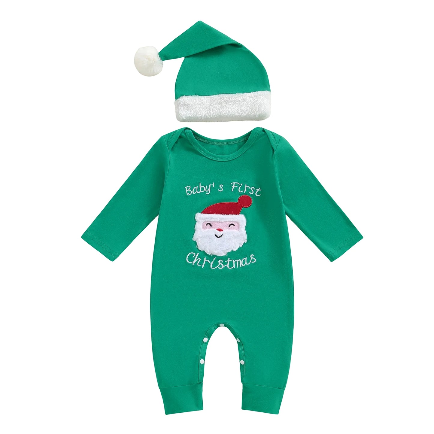 Infant Holiday Romper with Festive Santa Claus Embroidery Long Sleeves Round Neck and Matching Hat for Christmas Fun