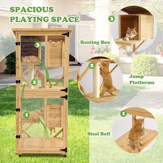 Multi-Level Outdoor Cat Enclosure with Window Access, Portable Indoor Cat House, Removable Floor for Large Cats