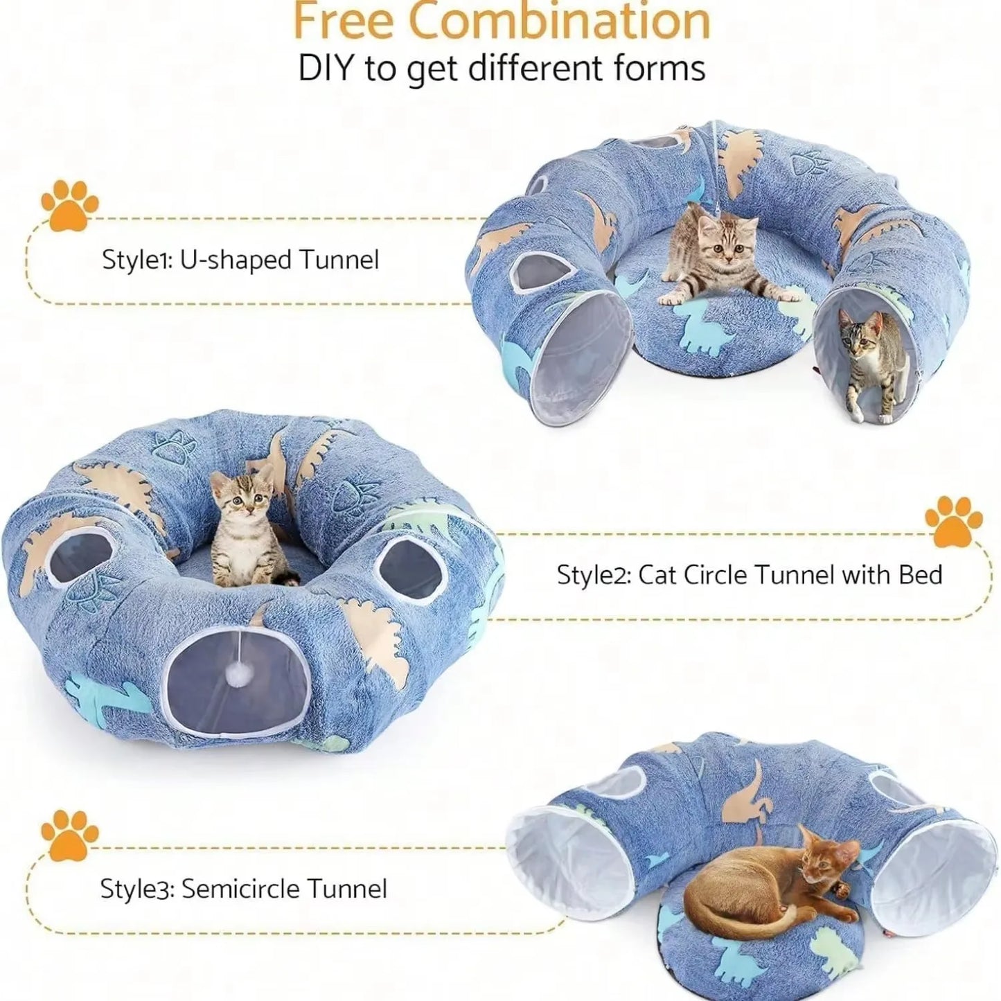 3 in 1 Cat Tunnel Foldable Storage Glows at Night with Washable Round Mat 4 Openings Design for up to 10kg Cats Rabbits Puppies