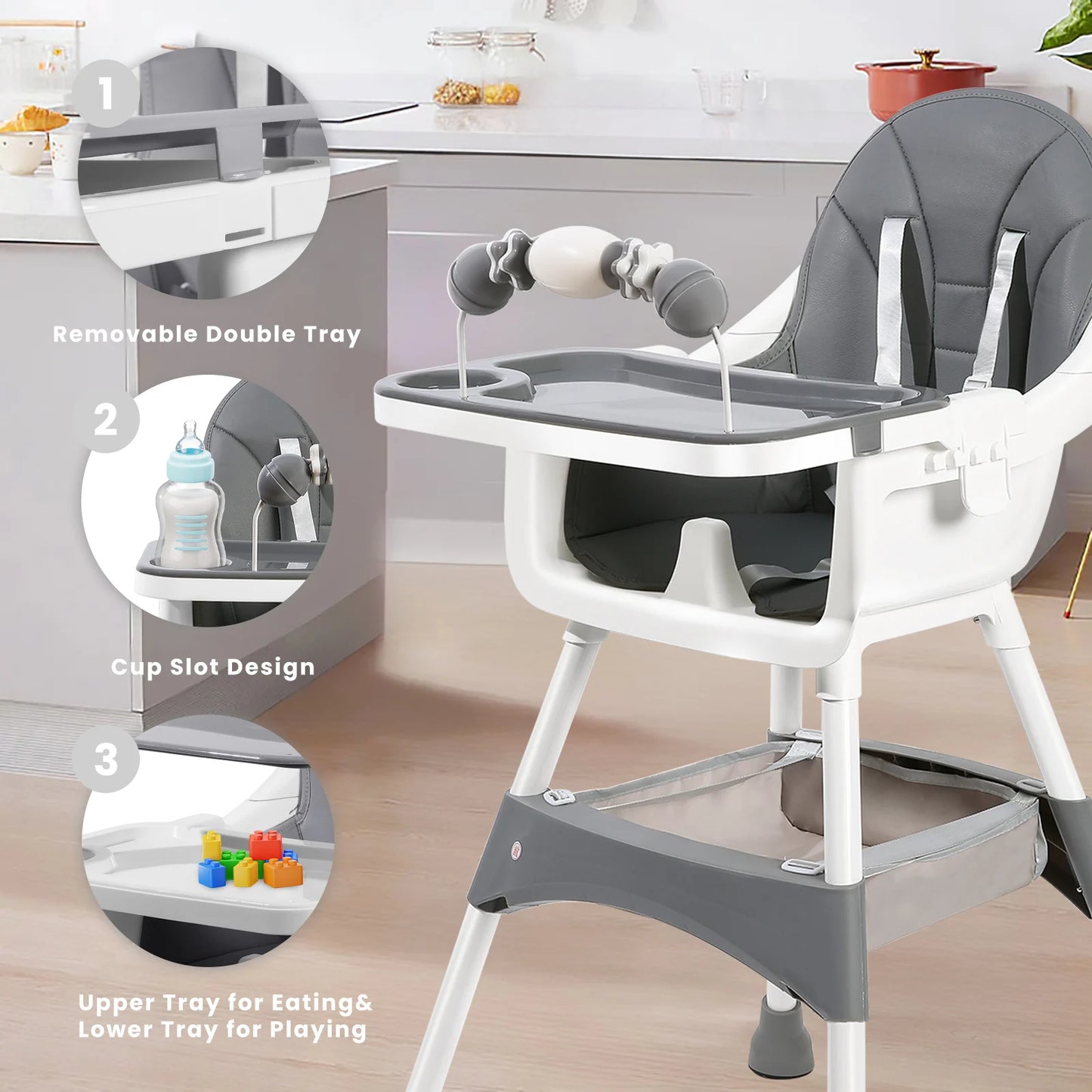 Baby High Chair, Portable Baby Dining Chairs Eat & Play Convertible High Chair with Double-Layer Dinner Plate and Toy Rack