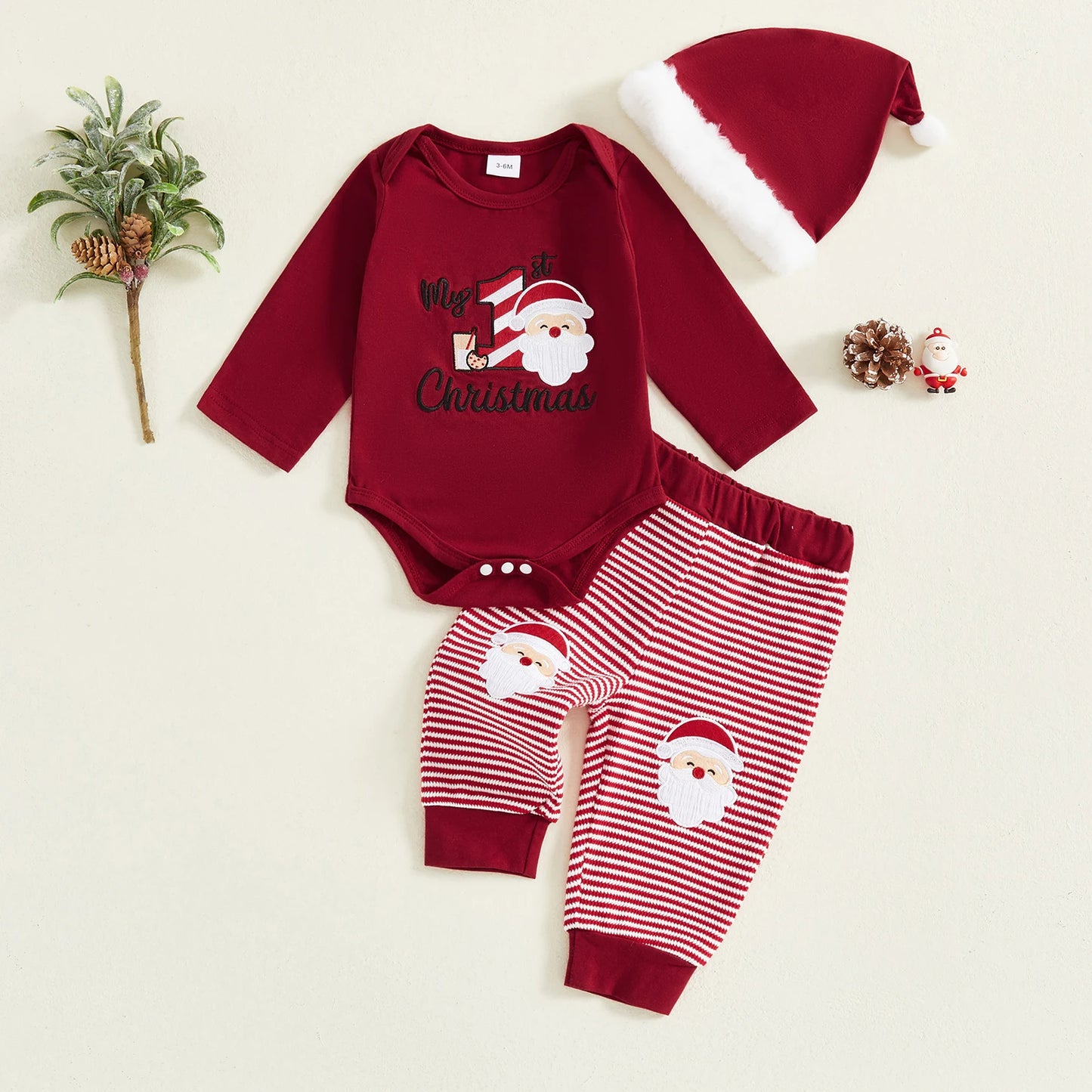 Toddler Boy Winter Holiday Outfit Santa Claus Embroidered Romper Striped Pants and Hat 3-Piece Set for Christmas