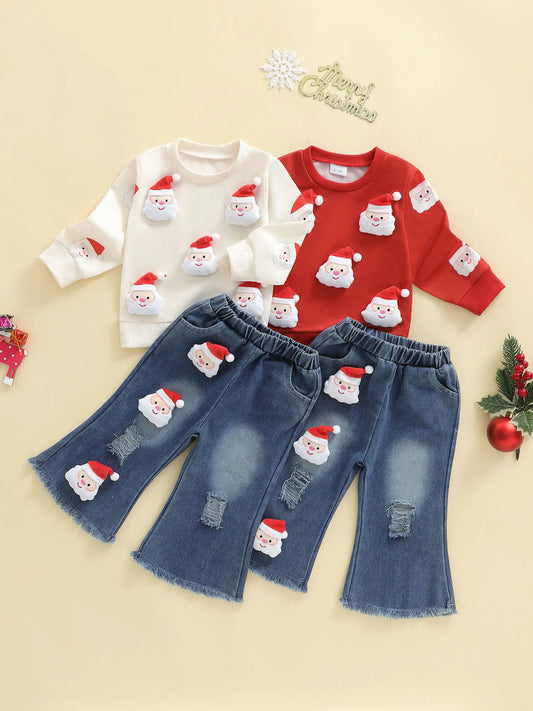 Toddler Girl Christmas Outfits 3D Reindeer Long Sleeve Round Neck Pullover Elastic Waist Ripped Denim Pants 2 Pcs Set