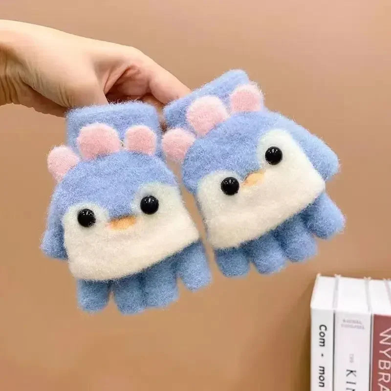 2-8Y Kids Winter Plush Mittens - Cute Penguin Cartoon Flip Half & Full Finger Gloves for Boys & Girls