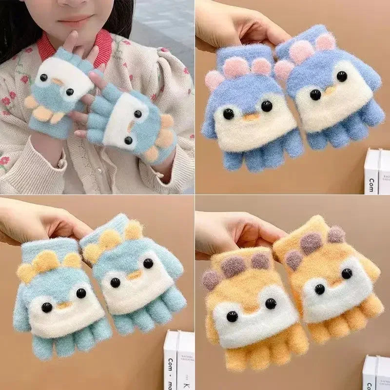 2-8Y Kids Winter Plush Mittens - Cute Penguin Cartoon Flip Half & Full Finger Gloves for Boys & Girls
