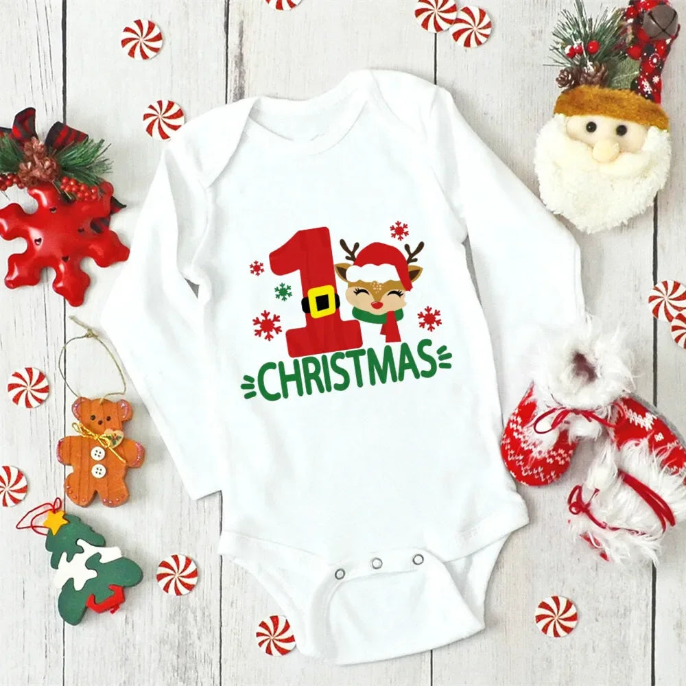 My First Christmas Newborn Baby Long Sleeve Romper Cartoon Deer Santa Printed Outfit Infant Baptism Bodysuit Clothes Xmas Gift