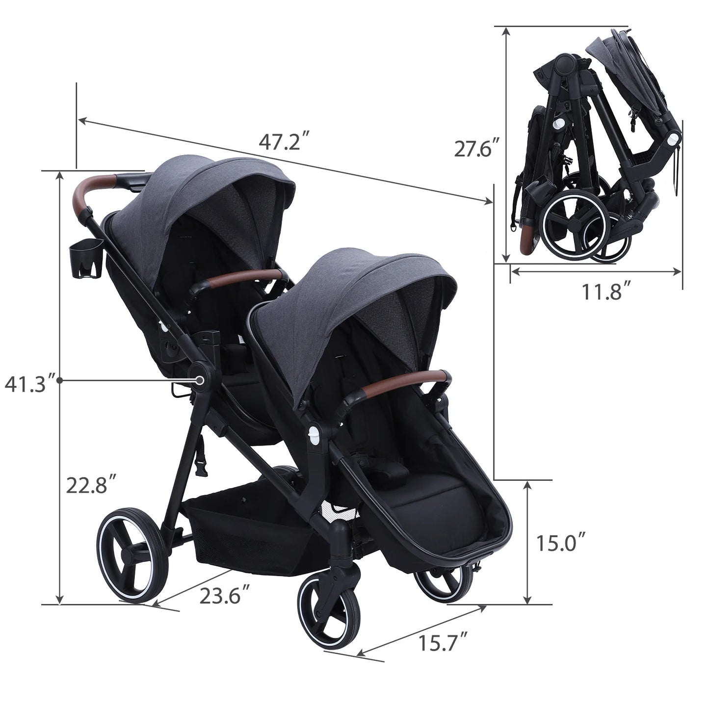 Double Track Tandem Stroller, Foldable Bassinet Pram for Infant and Toddler, Reversible Pushchair, Adjustable Backrest & Canopy
