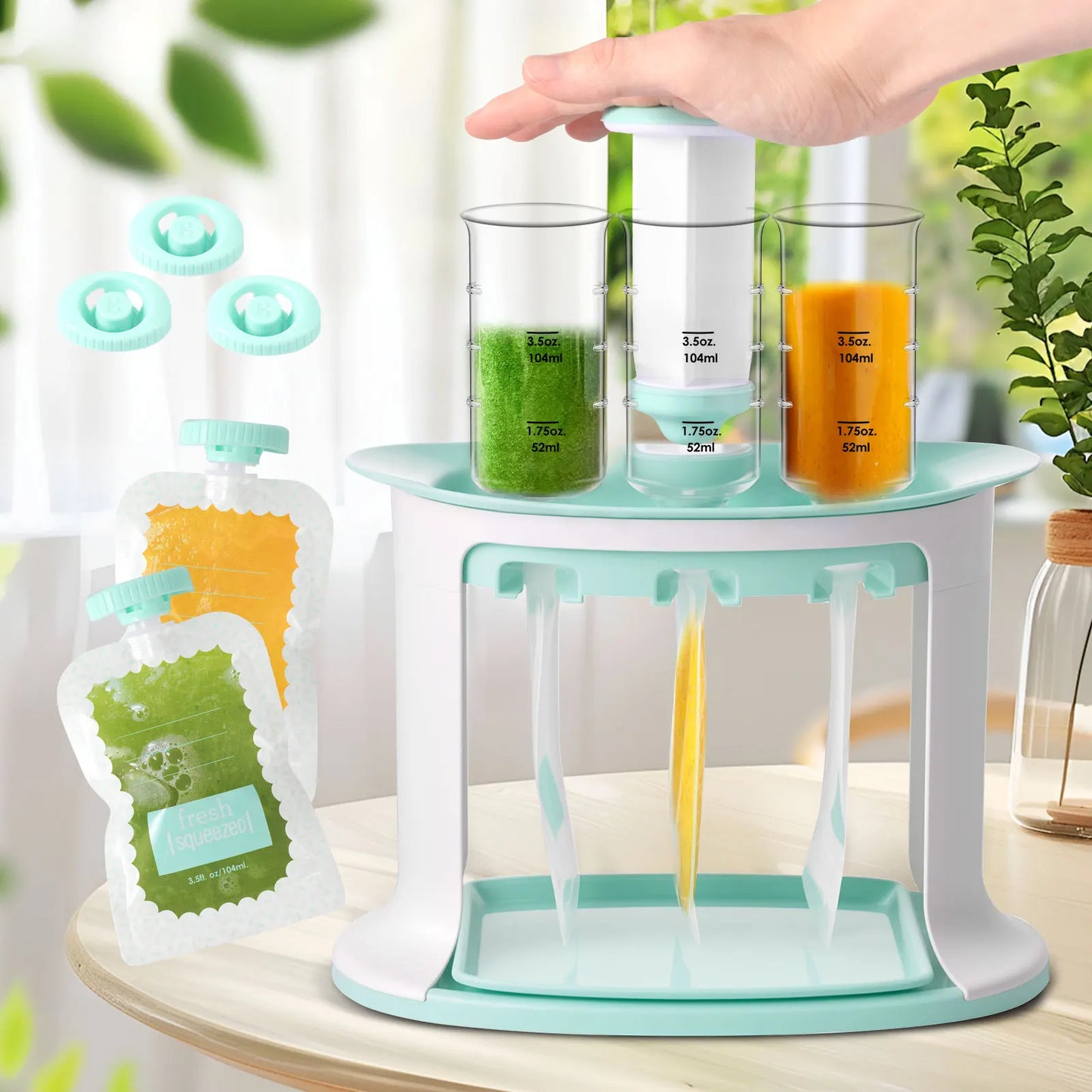 Squeeze Station for Baby Reusable Fruit Puree Pouch Filling Maker with 5 Portable Bags Pouch Filling Station for Homemade Food