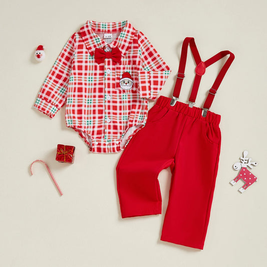 Toddler Boys Holiday Outfit Long Sleeve Plaid Shirt and Suspender Pants Set with Bow Tie Christmas Party Costume