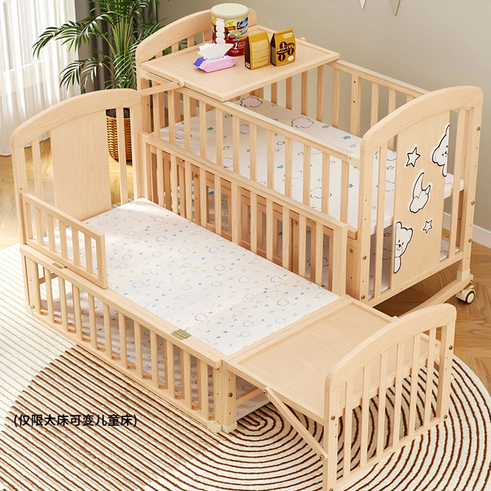 Wood Baby Crib with Diaper Table Newborn Baby Bed Multifunctional Baby Rocking Bed with Wheels and Mosquito Net