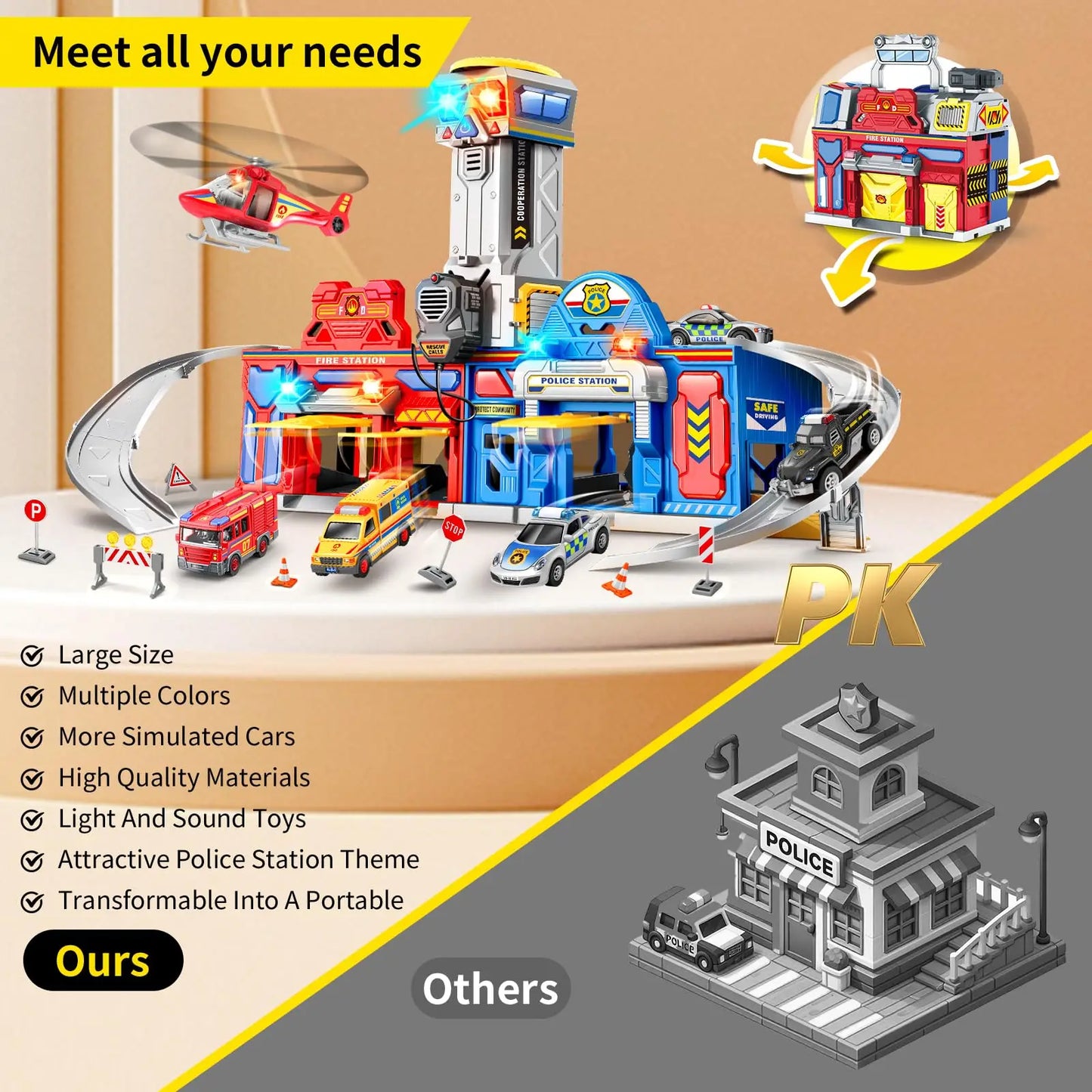 Kids Toys 29.5'' Large City Action Rescue Vehicle Toddler Police Fire Station Transform Track with 4 Cars Helicopter Gifts for3+