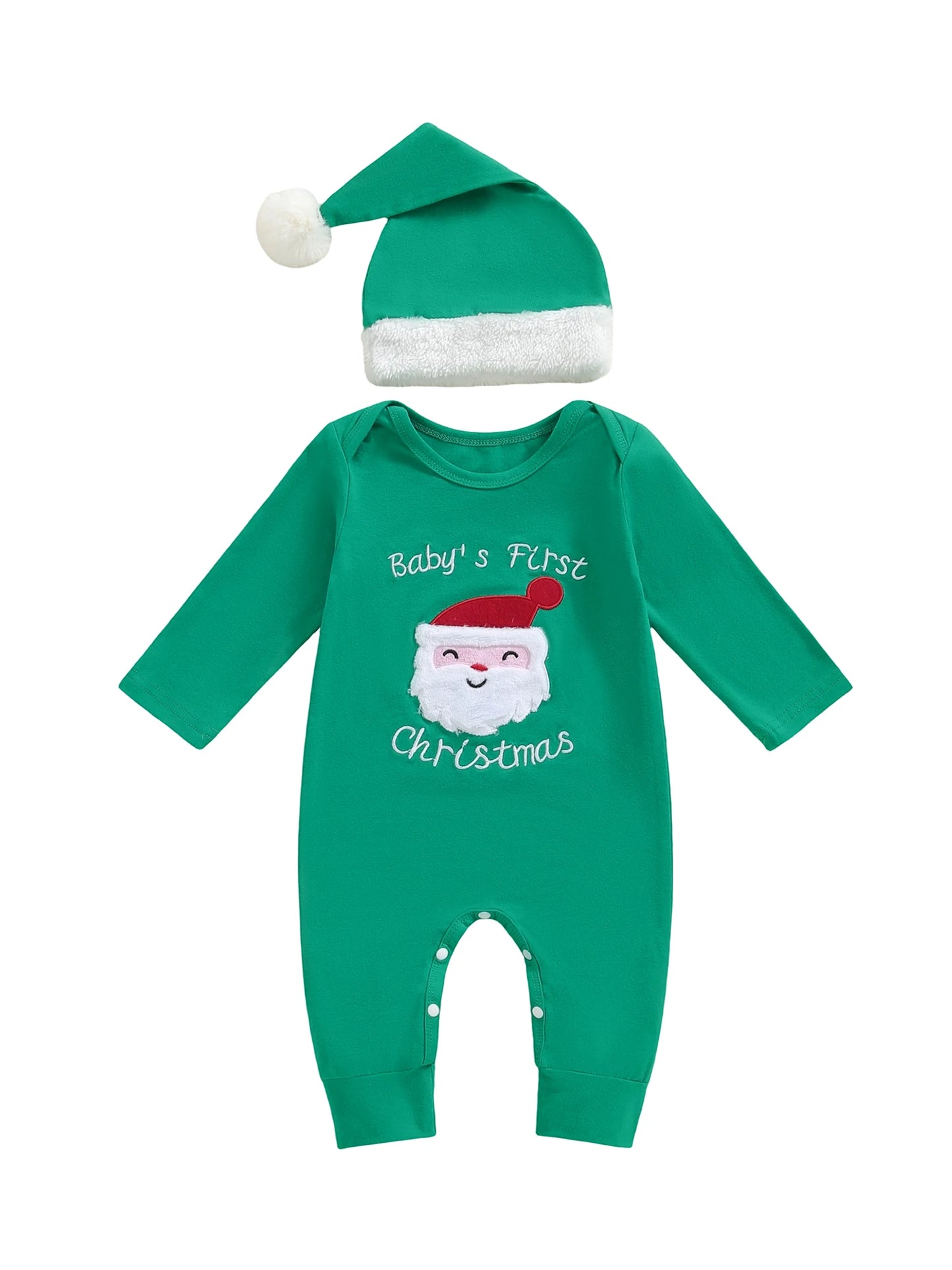 Infant Holiday Romper with Festive Santa Claus Embroidery Long Sleeves Round Neck and Matching Hat for Christmas Fun