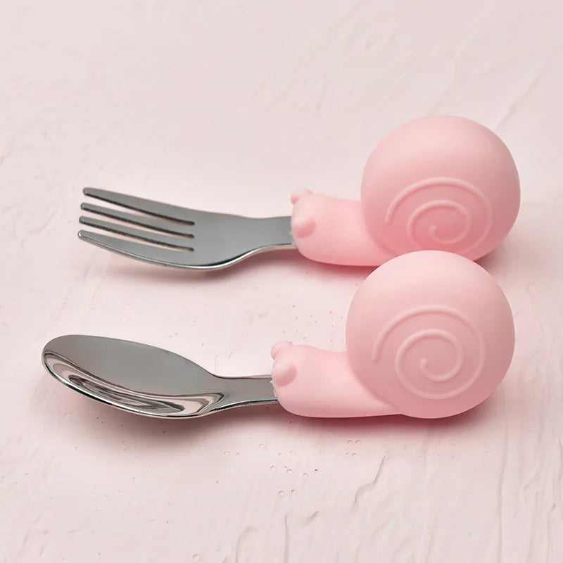 Snail Baby Tableware Set Stainless Steel Toddler Dinnerware Cutlery Cartoon Infant Food Feeding Spoon Fork Children Utensil
