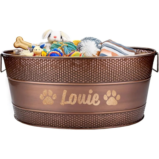 Personalized Metal Dog Toy Bin - Copper Galvanized Storage Bin with Handles, Basket for Pet Toys, Dog Toy Box, Pet Storage - Cus