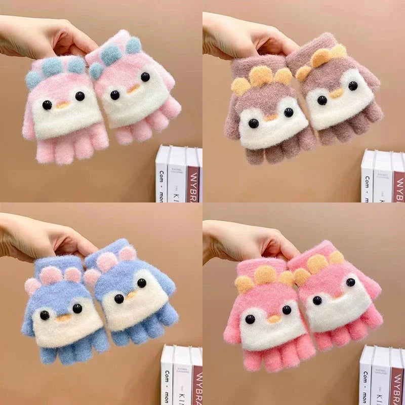 2-8Y Kids Winter Plush Mittens - Cute Penguin Cartoon Flip Half & Full Finger Gloves for Boys & Girls
