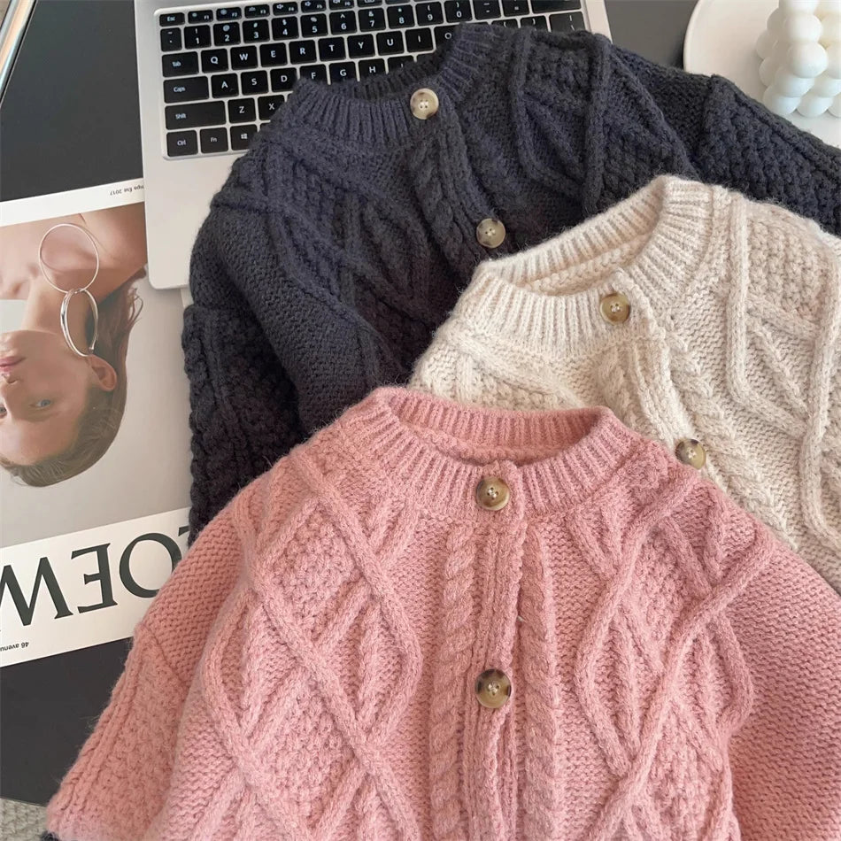 Kid Knitting Sweater Child Autumn Winter Solid Casual Cardigan Knitted Coat Baby Girls Long Sleeves Knitwear Top Twisted Clothes