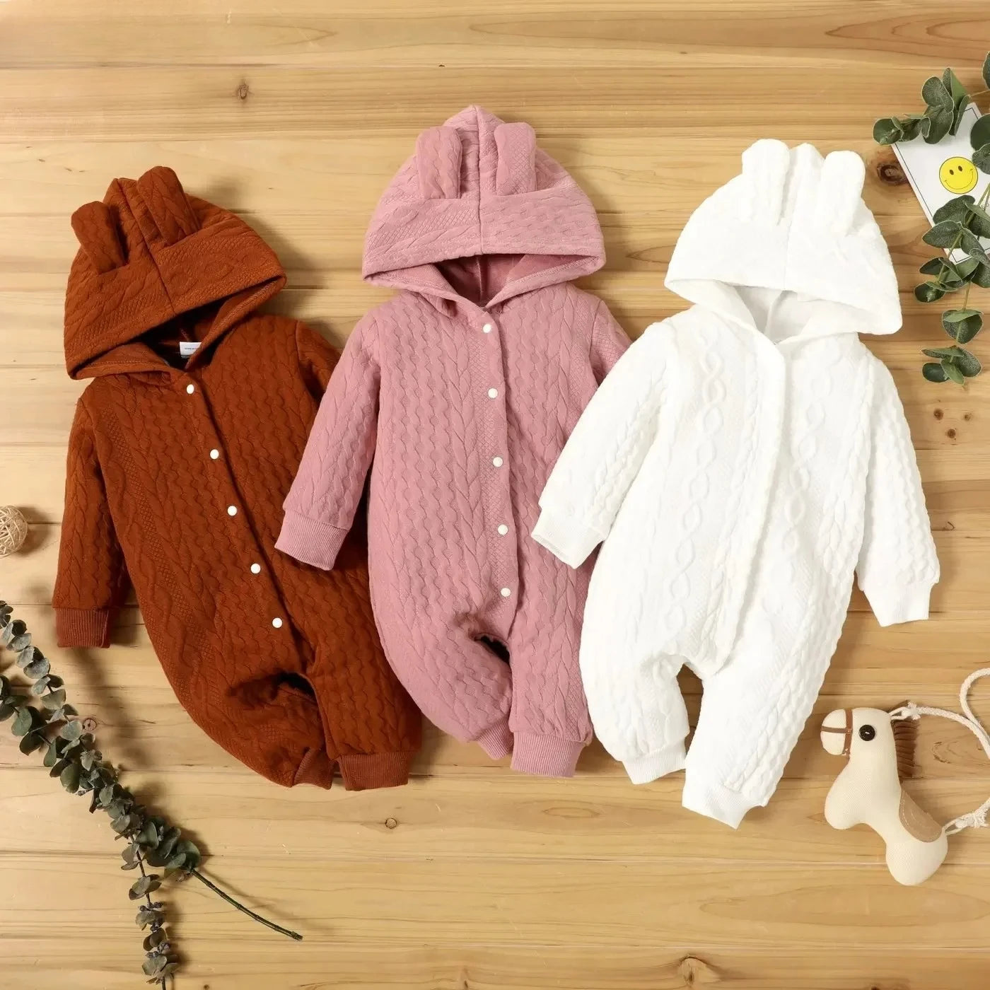 0-18 Month Newborn Baby Romper Boys Girls Cute Ears Solid Hooded Long Sleeve Baby Bodysuit Clothes Infant Autumn&Winter Costumes