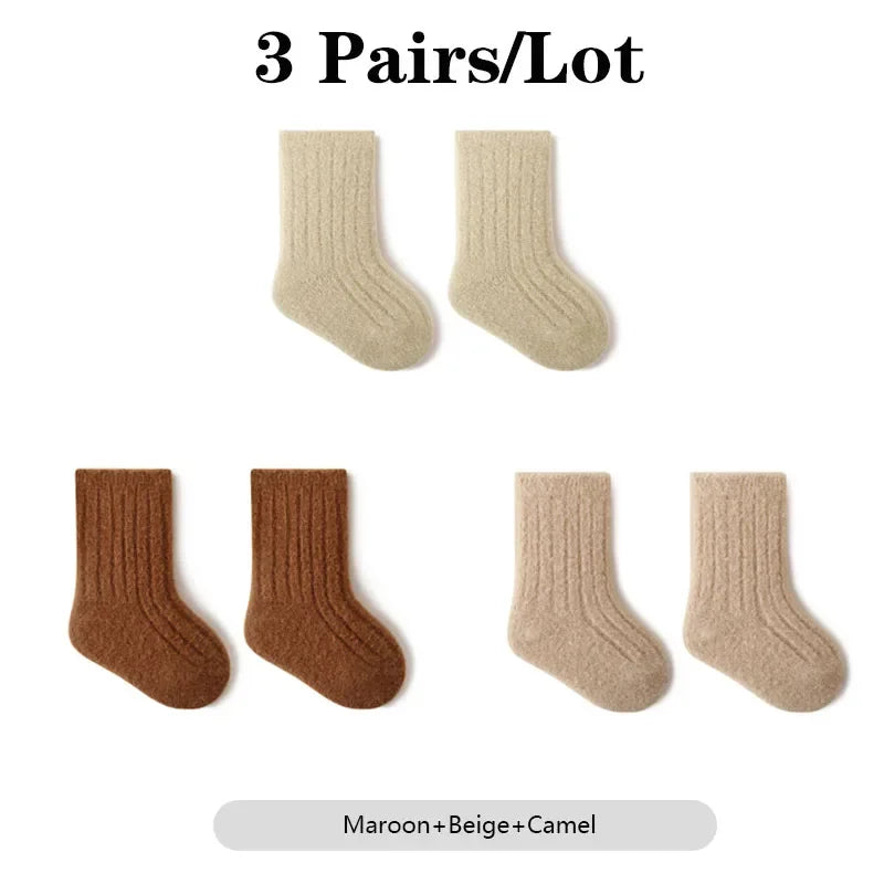 3 Pairs/Lot Warm Baby Socks Autumn Winter Thick Loose Solid Color Kids Mid-Tube Cotton Socks For Boys And Girls