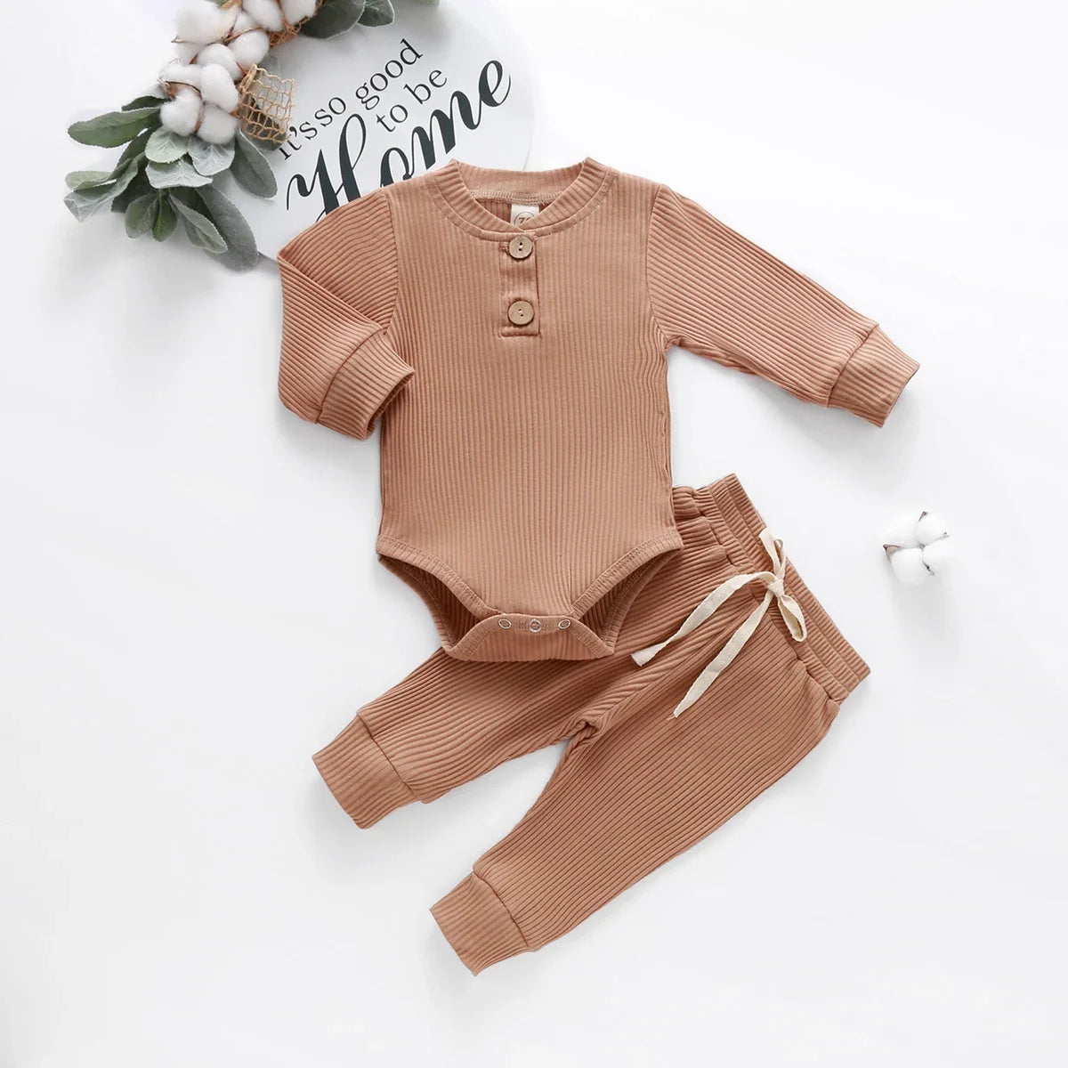 Spring Autumn Newborn Infant 2PCs Clothes Set for Boys & Girls Ribbed/Plaid/Solid Long Sleeve Bodysuit + Elastic Pants