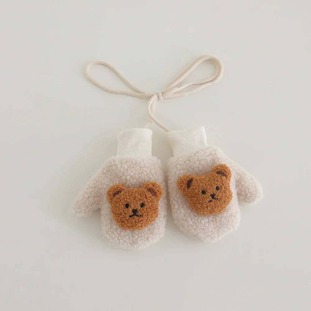 2-5Y Kids Cute Bear Full Finger Gloves - Winter Lamb Wool Warm Windproof Cold-Proof Outdoor Mittens for Boys & Girls