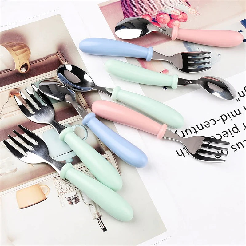 Baby Gadgets Tableware Set Children Utensil Stainless Steel Toddler Dinnerware Cutlery Cartoon Infant Food Feeding Spoon Fork