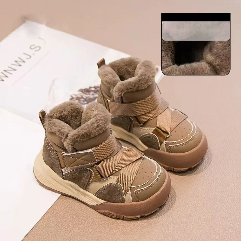 Winter Snow Boots For Children PU Leather Thick Warm Plush Boots For Boys Girls Soft Warm Cotton Shoes For Teenager Kids