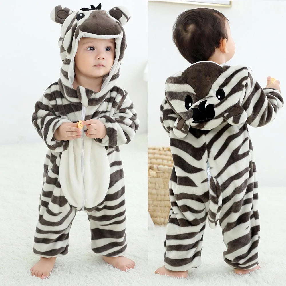 Baby Kigurumis Pajama Toddler Winter Cartoon Jumpsuit Boys Girls Plush Flannel Overalls Kids Bear Lion Penguin Dino Costumes