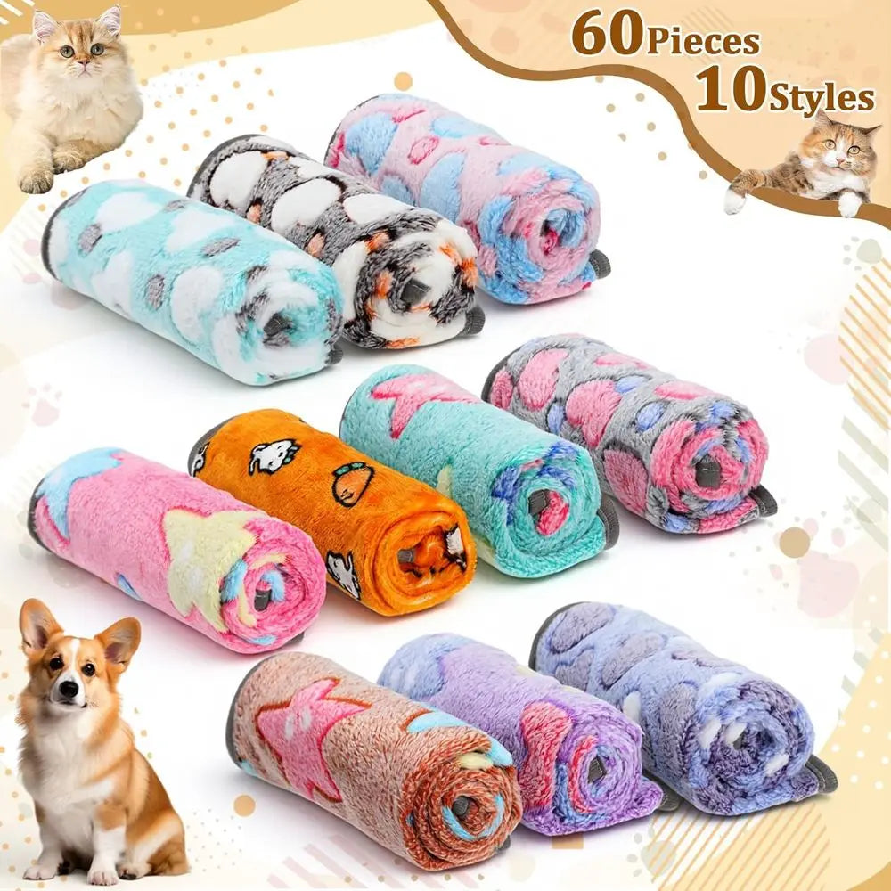 60 Pack Soft Flannel Christmas-Themed Fleece Blankets for Small Pets, Washable, 16x24