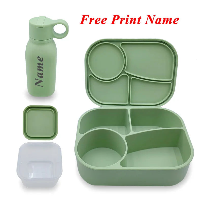 Personalized Name Silicone Lunch Bento Box Straw Water Bottle Sets Camping Picnic Food Drinkware Container Sippy Bottle For Kids
