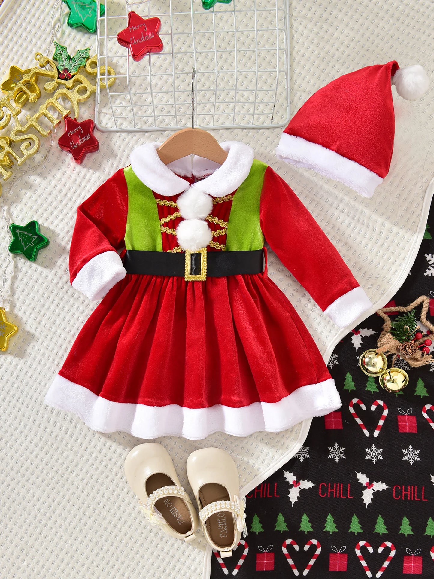 Toddler girl Christmas outfit, red dress and Santa hat.