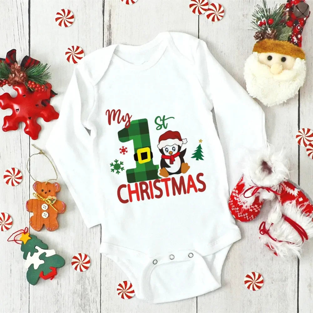 My First Christmas Newborn Baby Long Sleeve Romper Cartoon Deer Santa Printed Outfit Infant Baptism Bodysuit Clothes Xmas Gift