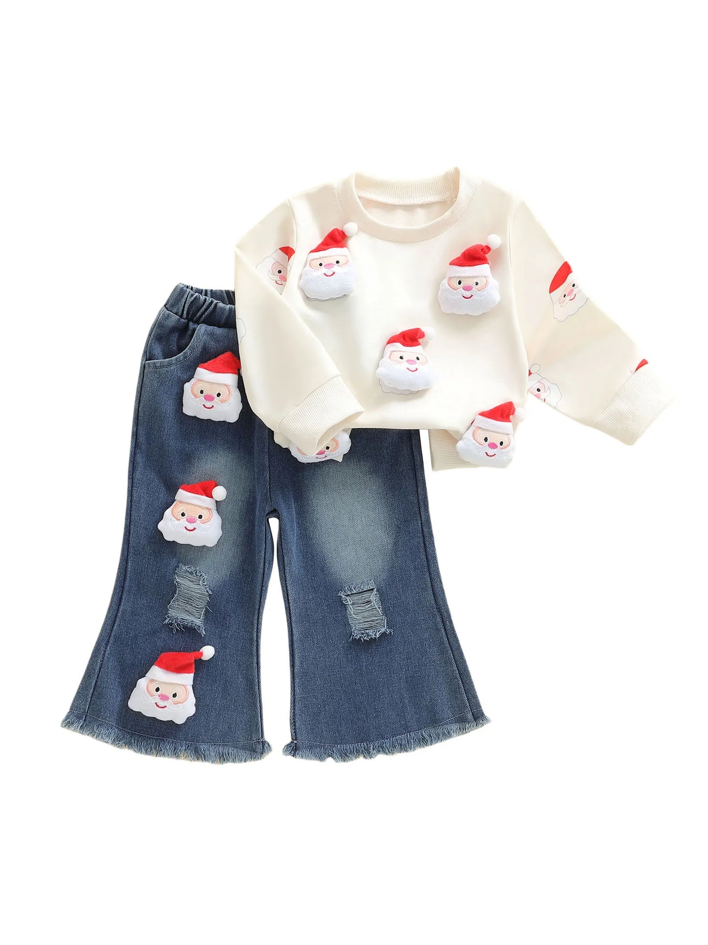 Toddler Girl Christmas Outfits 3D Reindeer Long Sleeve Round Neck Pullover Elastic Waist Ripped Denim Pants 2 Pcs Set