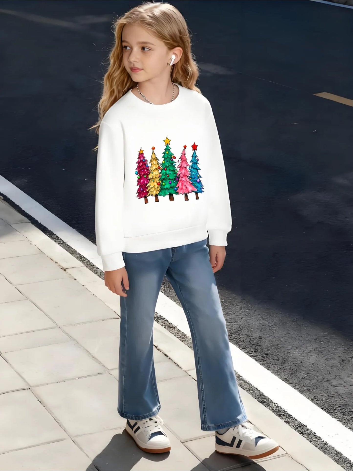 Kids Children's Cotton Sweatshirt Colorful Christmas Trees with Star Toppers for Boys Girls Winter Seasonal Theme Outfit