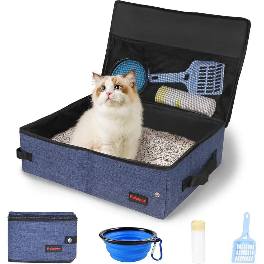 Portable Cat Travel Litter Box Collapsible Zip Lid Lightweight Leakproof Odor Control Easy Carry Cat Travel Essentials Includes