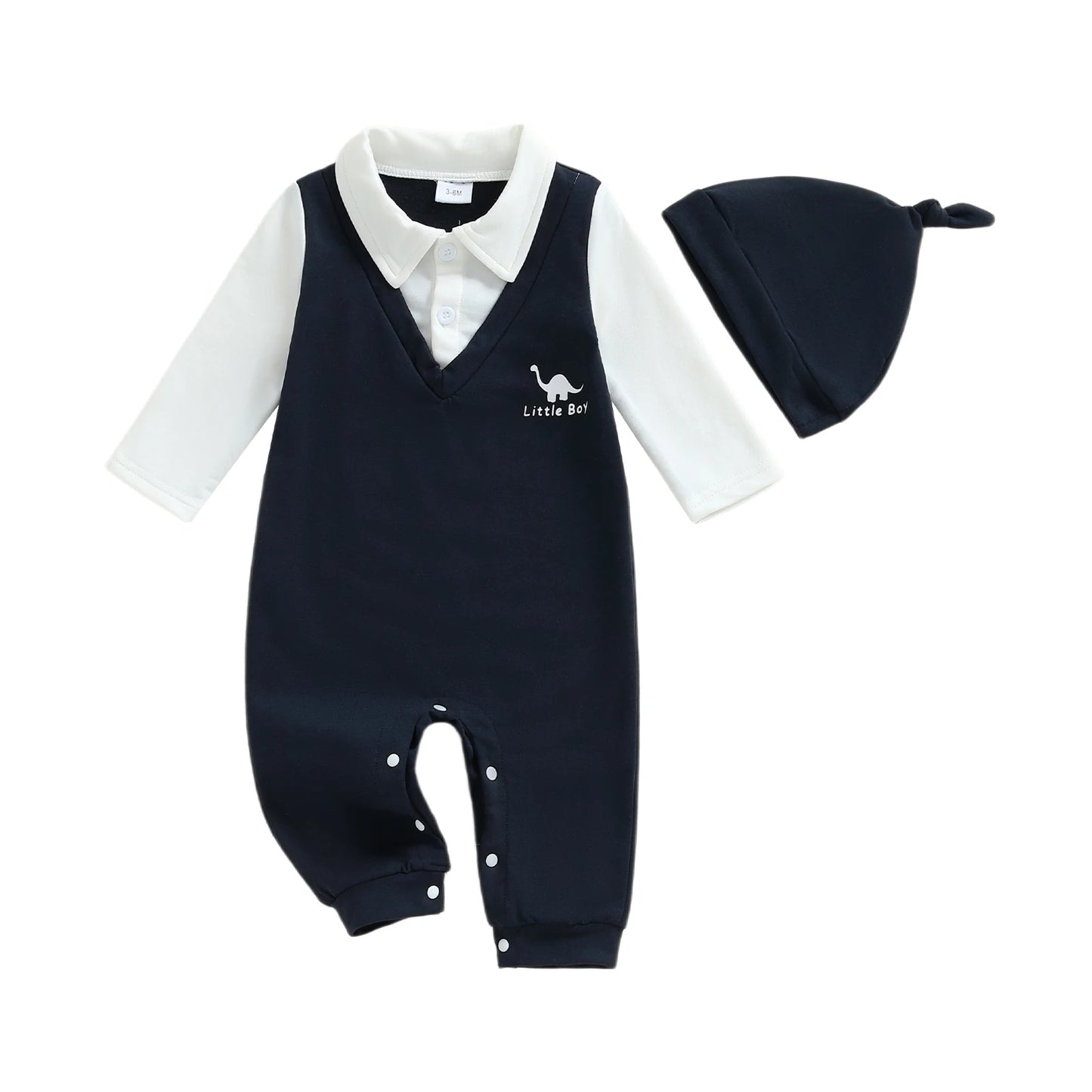 Toddler Boys Autumn Romper Color Block Long Sleeve Lapel Animal Print  Outfit with Matching Beanie